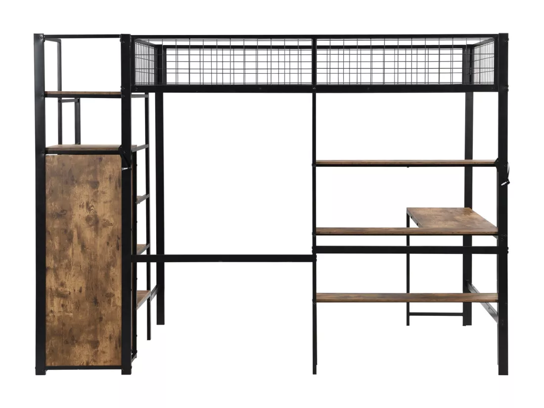 Lit mezzanine 90x200cm, cadre en fer, avec sous plateau bureau L, plusieurs étagères, escaliers et armoire intégrée, noir