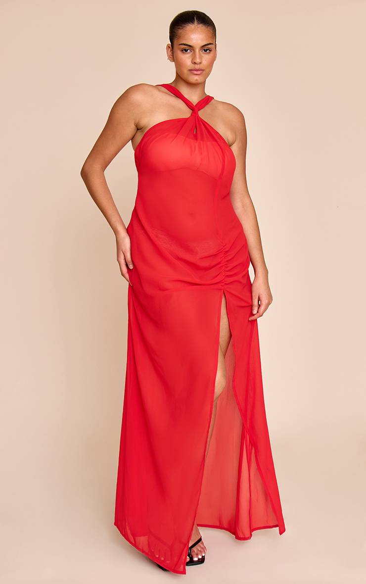 Rouge Robe De Plage Longue En Mousseline À Encolure Américaine Grande Taille