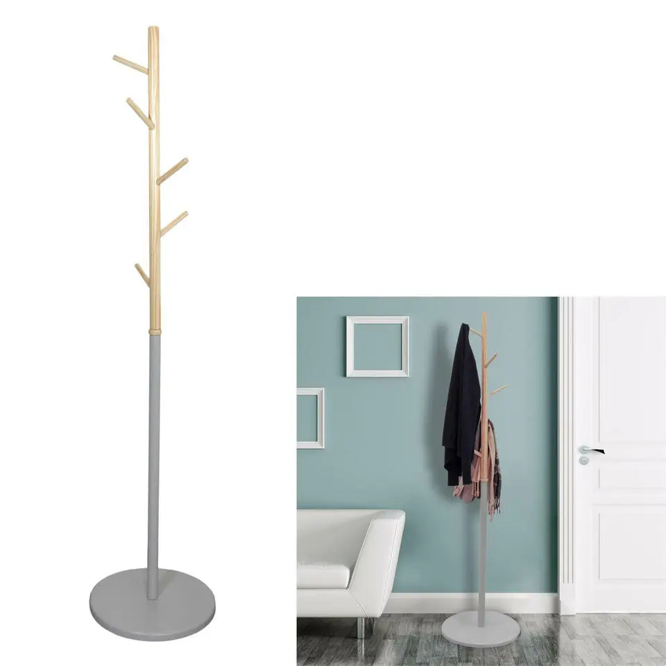 Home Deco Factory Kapstok - grijs - metaal/hout - 6 haken - 180cm