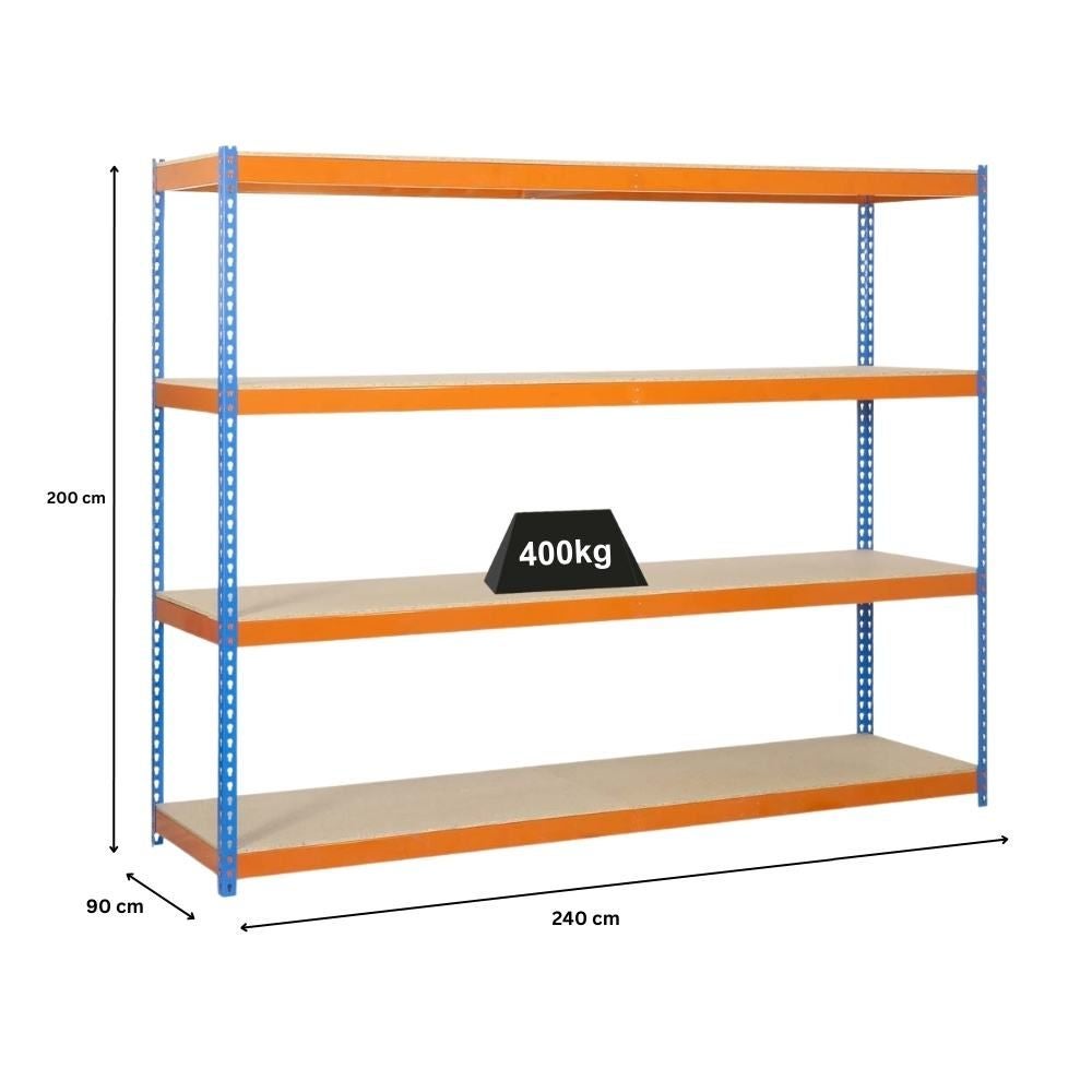 PROREGAL Heavy-Duty Stellingkast Wood Beast Four HxBxD 200 x 240 x 90 cm 4 Planken Plankdraagvermogen 400 kg Blauw-Oranje