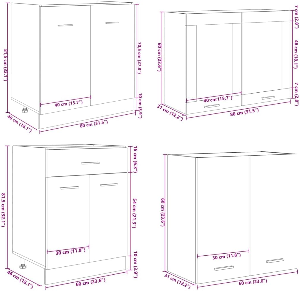 vidaXL 4-TLG. Küchenschrank-Set Lyon Sonoma-Eiche Holzwerkstoff, Küchenzeile, Küchenschrank, Schrank, Hängeschrank, Spülenunterschrank, Küchenmöbel