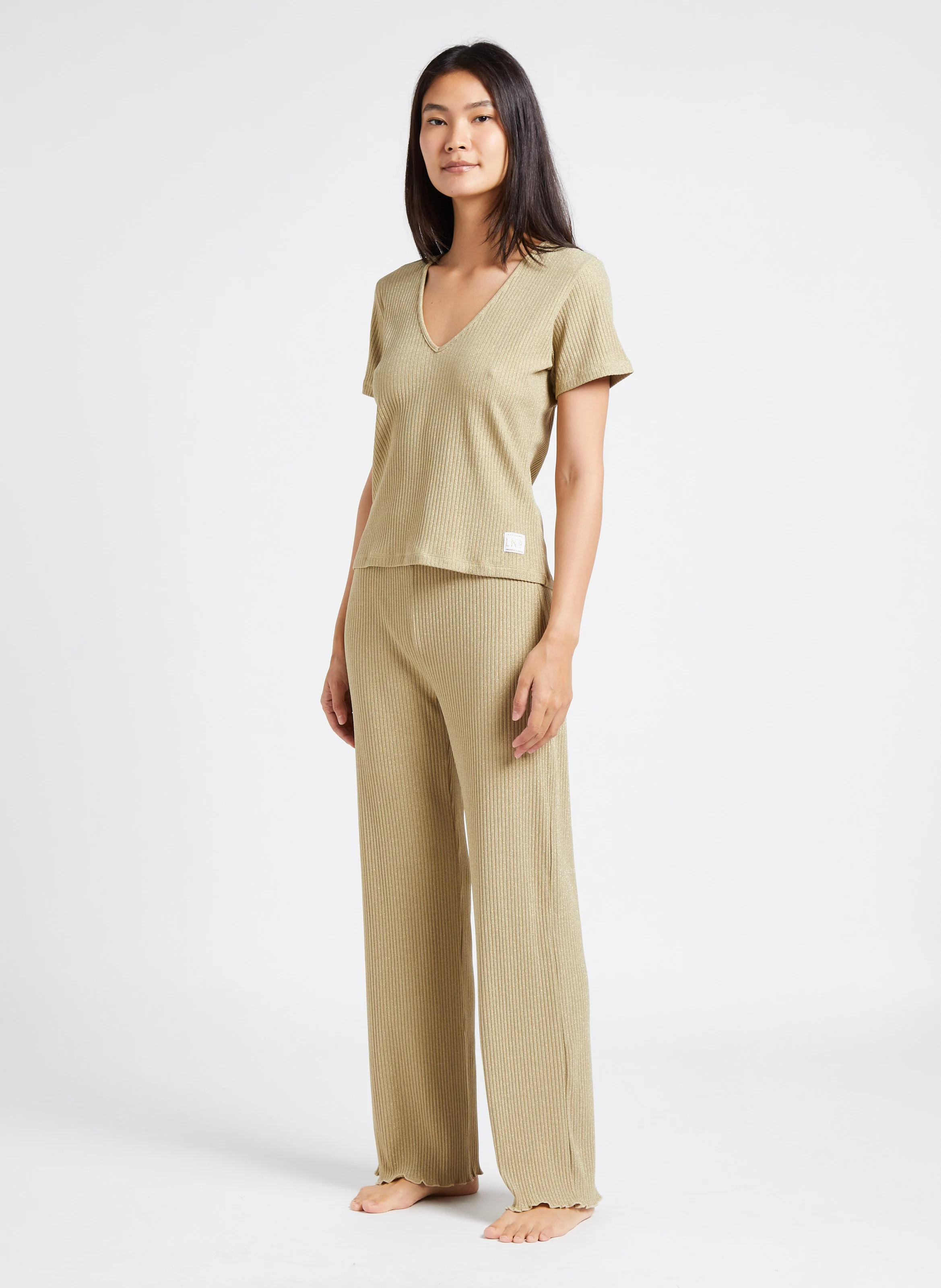 NATI - Pantalon taille haute côtelé | Beige