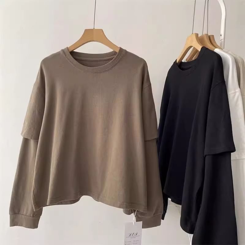 fluffush - Mock Two-Piece Crew Neck Plain Sweatshirt