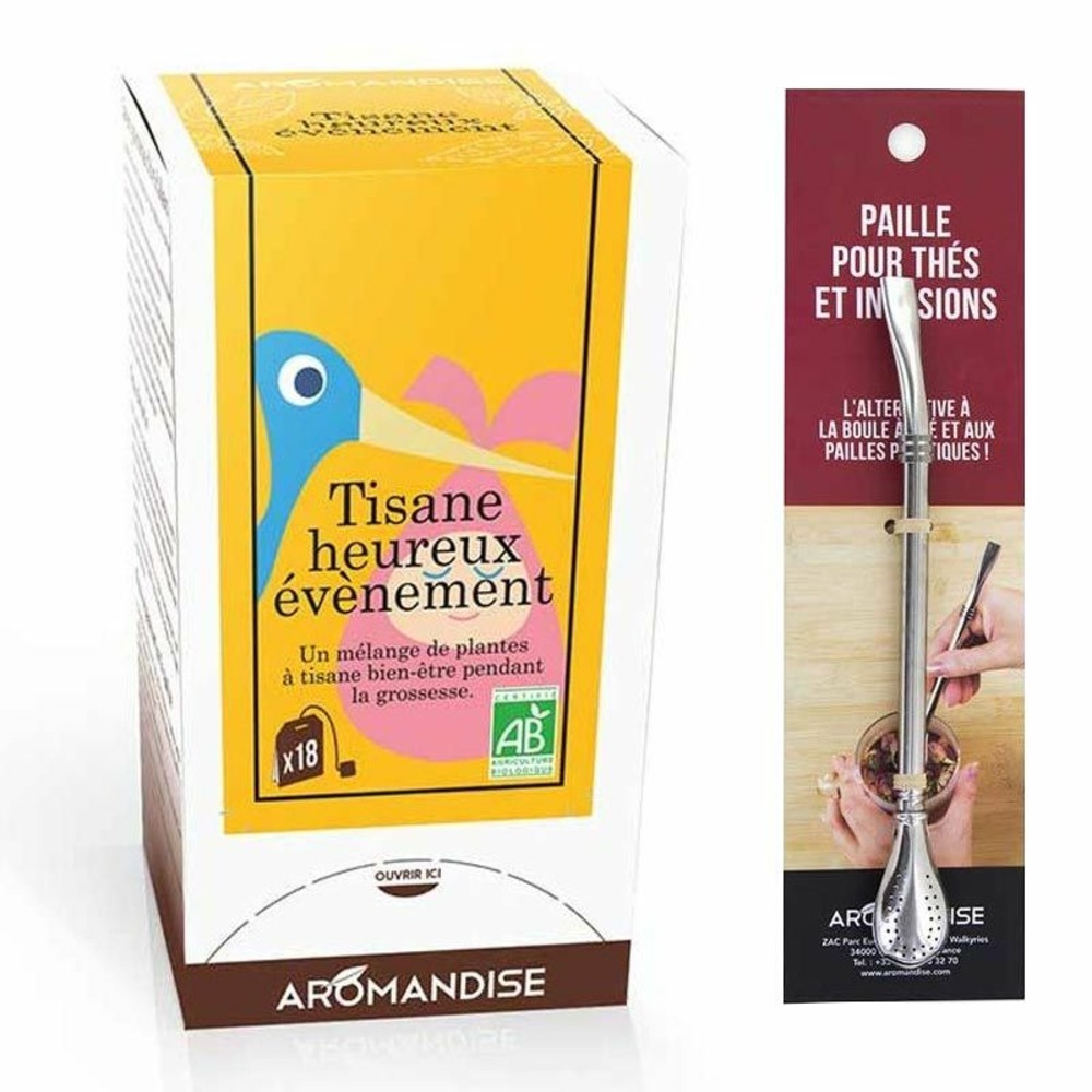 Tisane heureux evènement grossesse + paille inox avec filtre