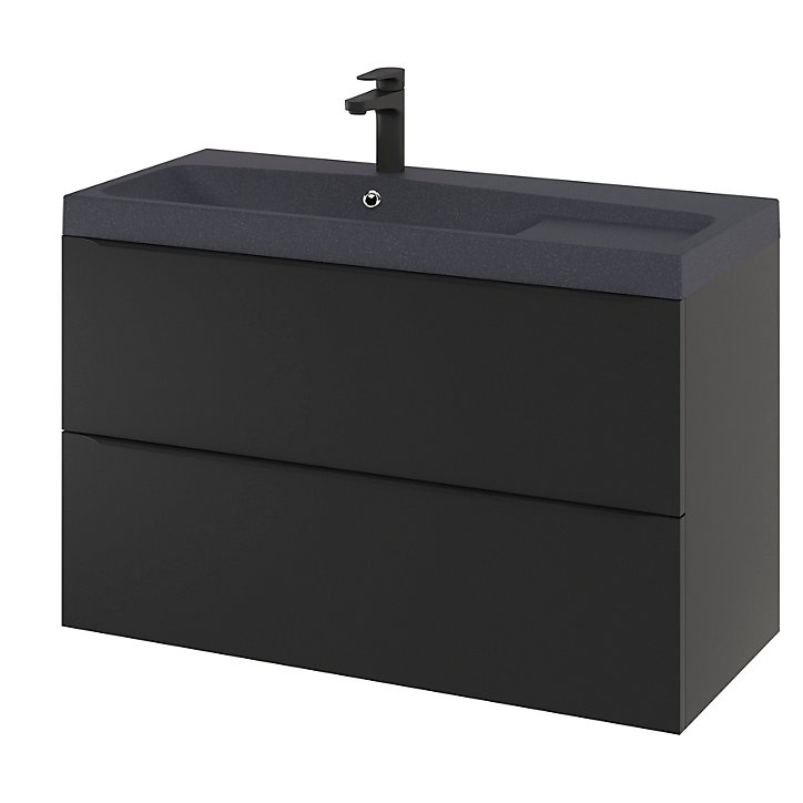 Ensemble salle de bains l.100 cm meuble à suspendre Imandra noir mat + plan vasque résine noir
