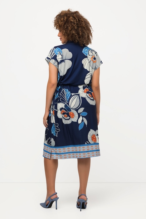Jerseykleid, Blüten, Tunnelzug, Hemdkragen, Halbarm