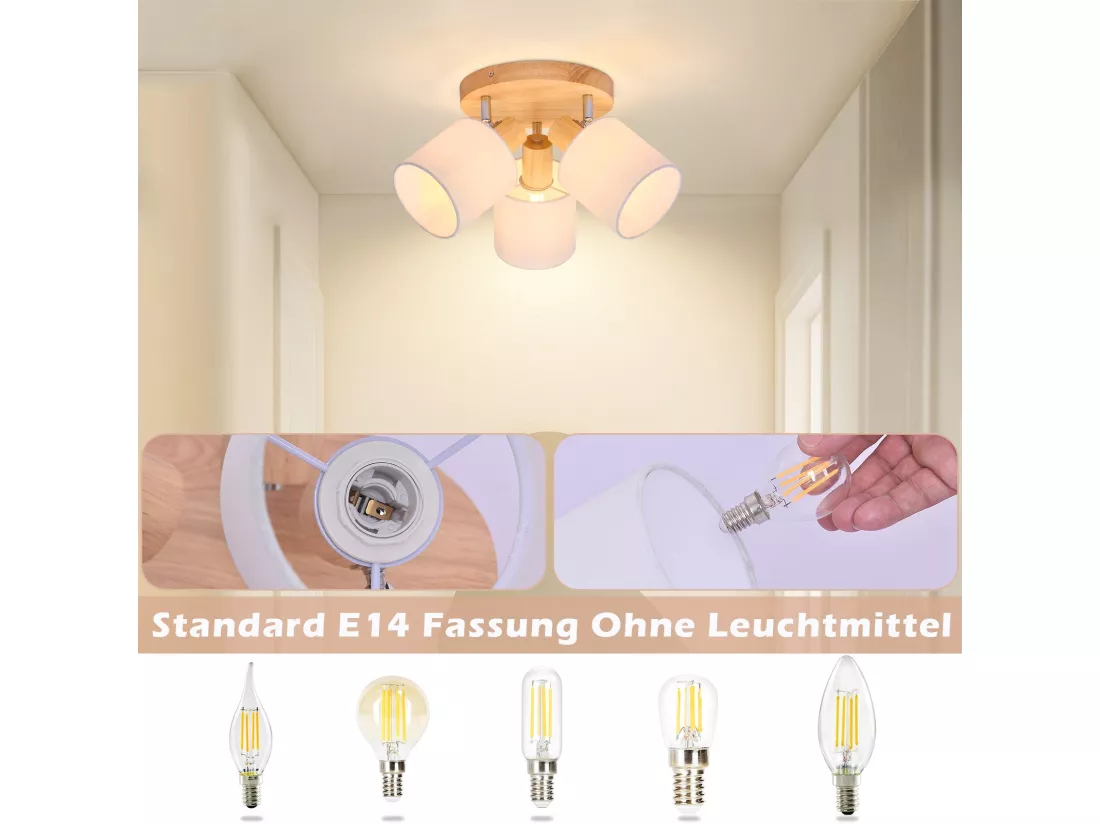 NETTLIFE Spot de plafond 3 Ampoules rond bois Plafonnier LED E14 spot inclinable 350°