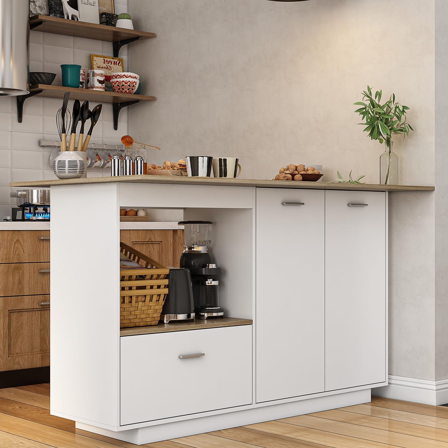 Caldion Kücheninsel mit Arbeitsplatte,Küchenwagen mit Schubladen,Küchenschrank mit Verstellbare Schotten,Buffetschrank Holzfarbe und Weiß,Kücheninselschrank,150x40x91cm
