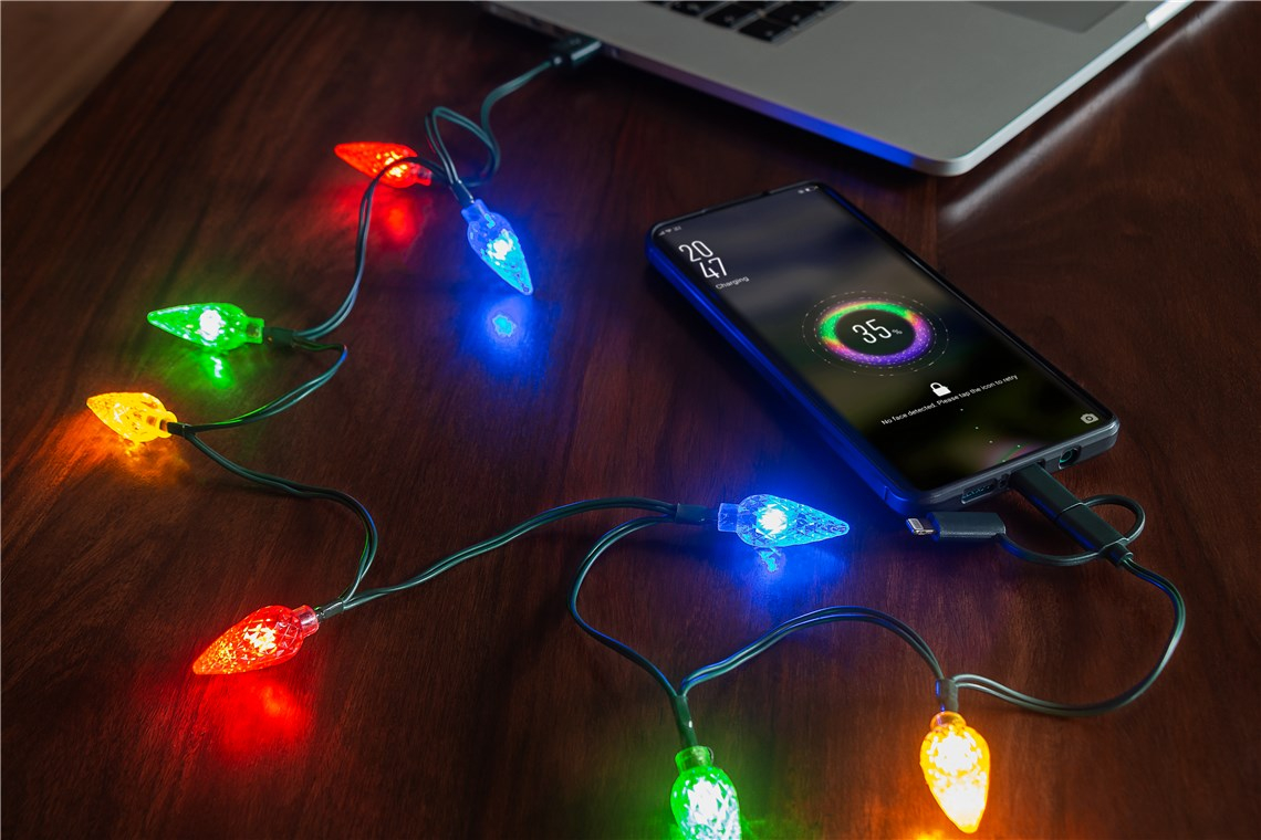 (1.2m) 3in1 USB auf Micro USB Ladekabel Weihnachts Lichterkette Datenkabel mit Lightning / USB C Adapter - Schwarz