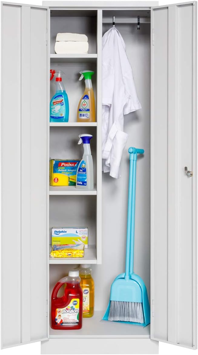 furni24 TÜV/GS - Metall Putzmittelschrank – Wäsche Schrank aus Stahl mit Türen, Garderobenstange, große Fächer, Hutablage, fertig montiert - Grau, XXL 60 x 50 x 180 cm