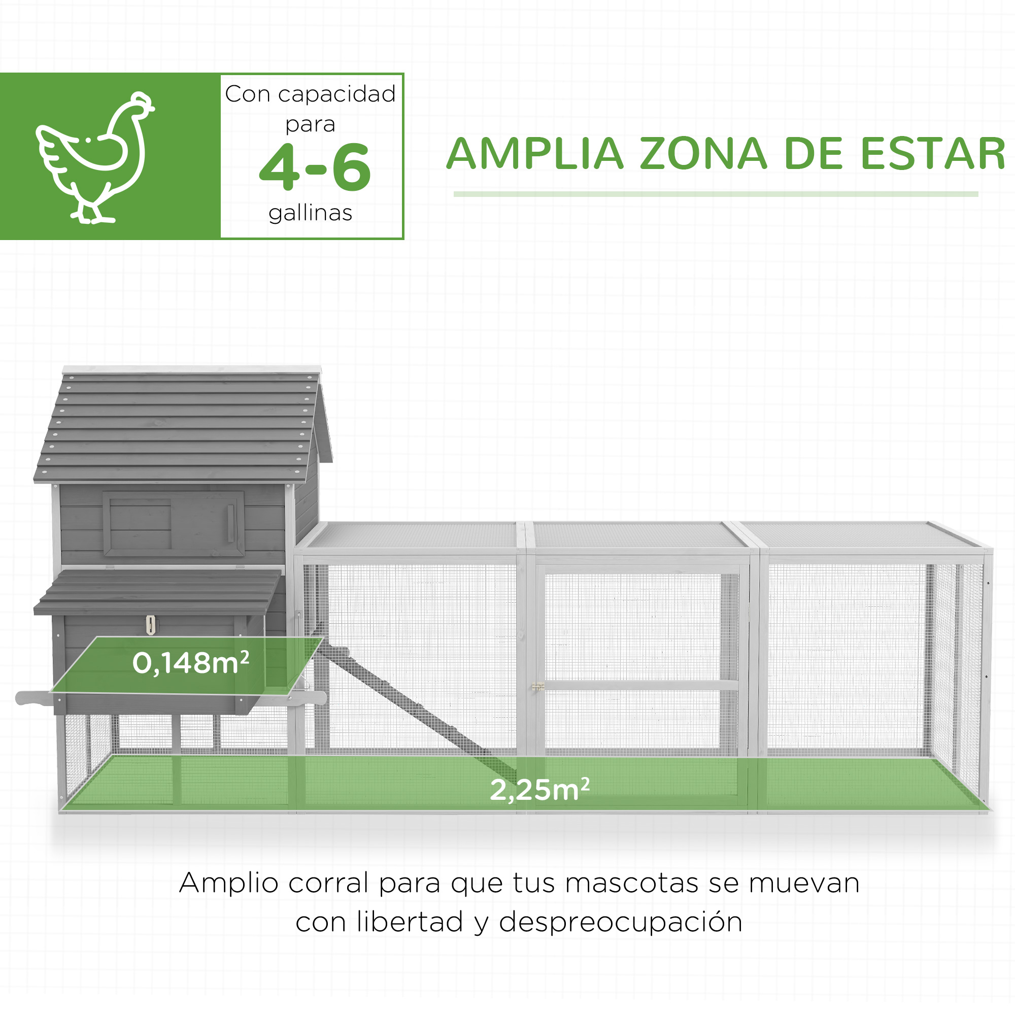 Galinheiro grande de madeira PawHut, 310,5 x 149,5 x 149 cm, para 4 a 6 galinhas, com 2 janelas, portas, ninho, bandeja removível e rampa para uso externo, cinza.