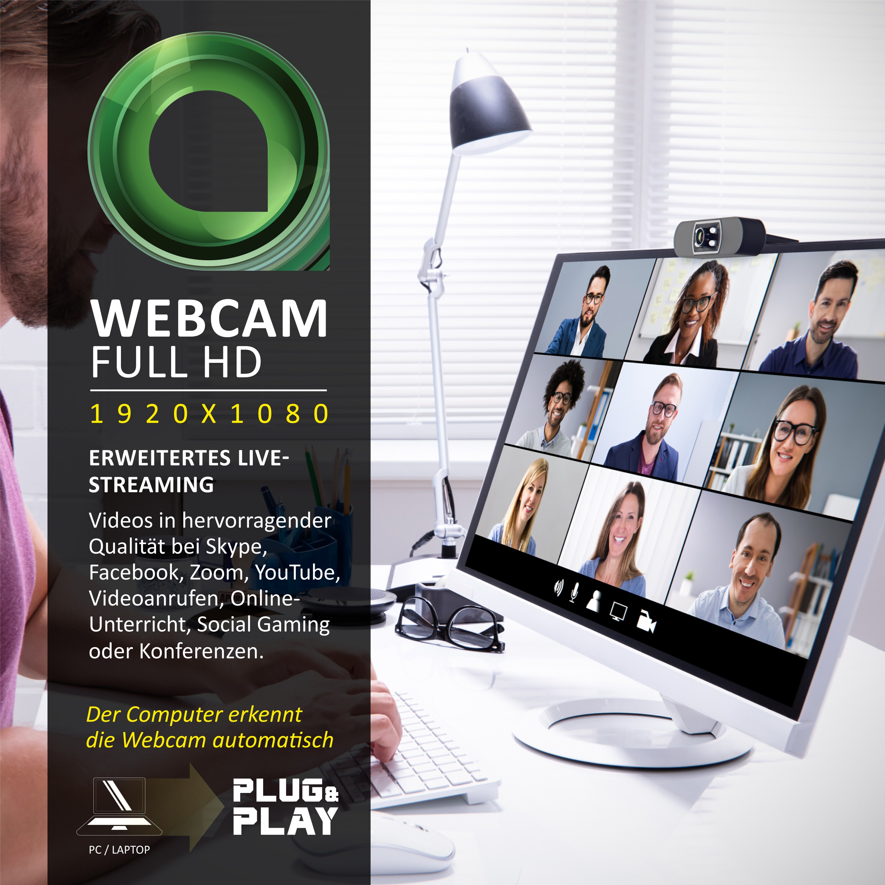 Aplic Webcam - 1920x1080P @ 30 Hz - 4 Hilfslichter / Szenelicht- 5P Linse - Mikrofon - automatischer Weißabgleich - Low-Light-Korrektur
