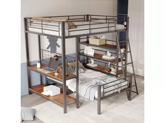 Lit superposé, cadre en métal, lit en mezzanine, 140*200, lit multifonctionnel avec plusieurs compartiments de rangement, noir