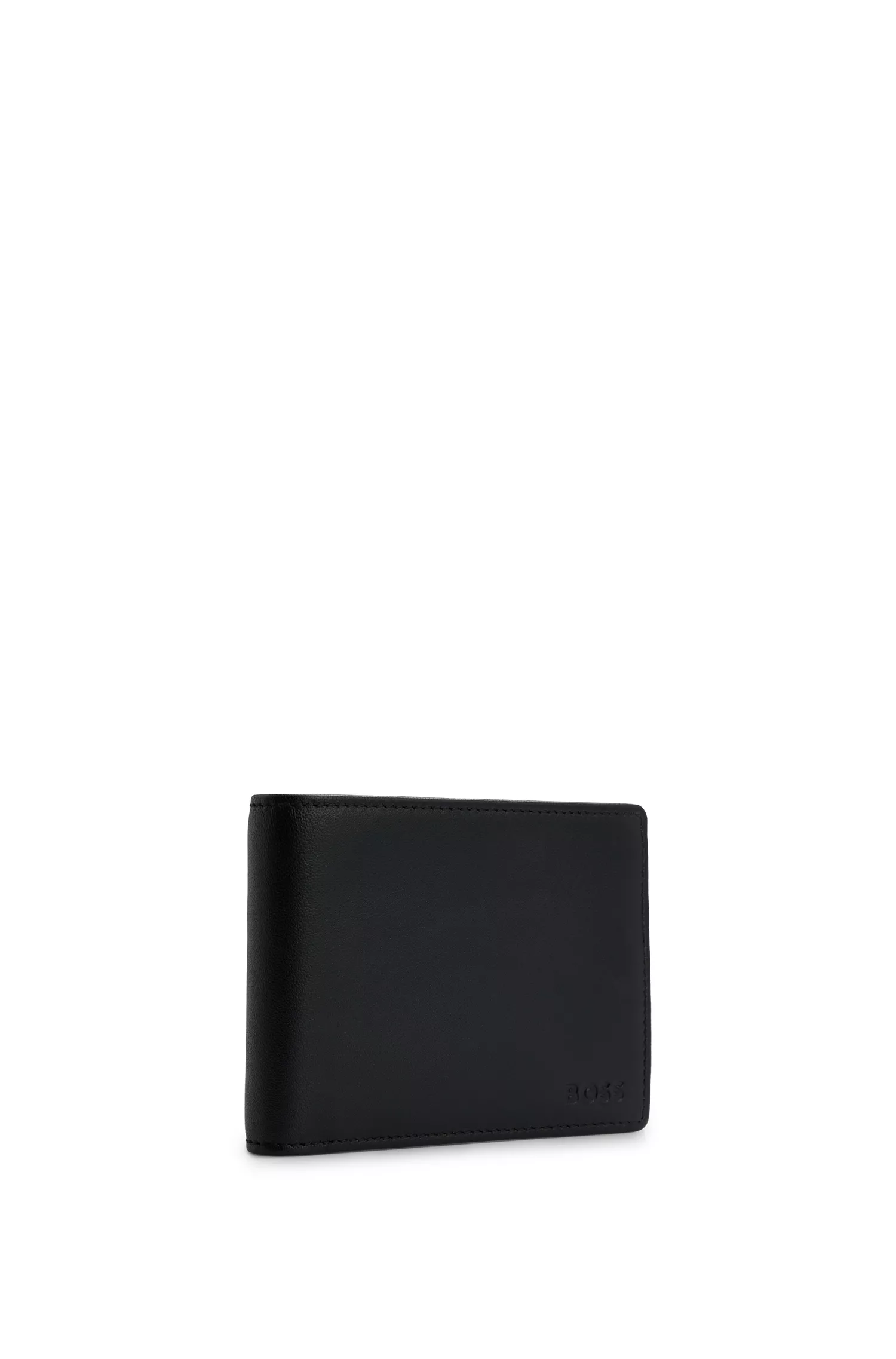 Carteira BOSS em couro preto com logo em relevo e compartimento para moedas.