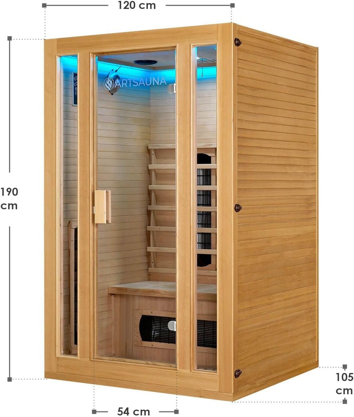 Artsauna Infrarotkabine Nyborg S120K Keramikstrahler & Hemlockholz, 2 Personen, 120 x 105 x 190 cm, LED Farblicht & Glastür, Infrarotsauna Sauna