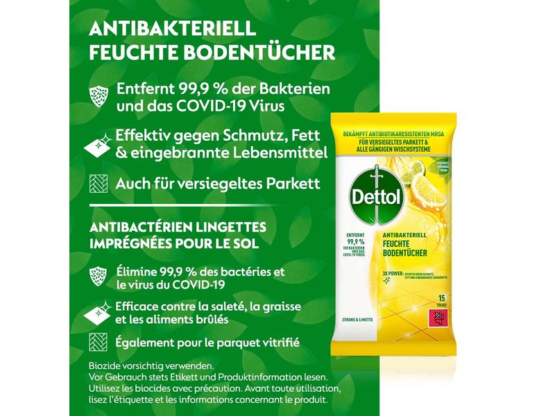 Dettol Feuchte Bodentücher Zitrone & Limette 15 Stück Feuchte Tücher zur Reinigung des Bodens