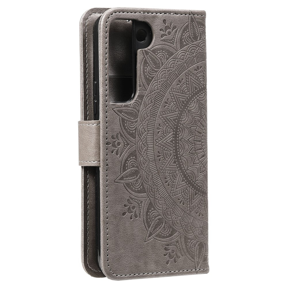 Samsung Galaxy S22 5G Leder Tasche Wallet - Mandala Flowers Imprint - Grau