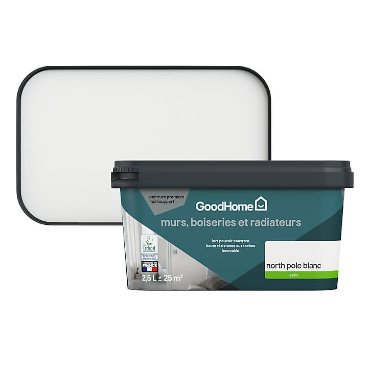 Peinture intérieure couleur murs, boiseries et radiateurs GoodHome North Pole satin blanc 2,5L