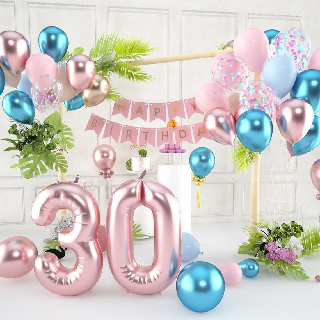 (60er Set) Ø30cm Latex Party Ballons Party Deko Accessoire Luftballons mit Konfetti - Blau / Rosa / Transparent