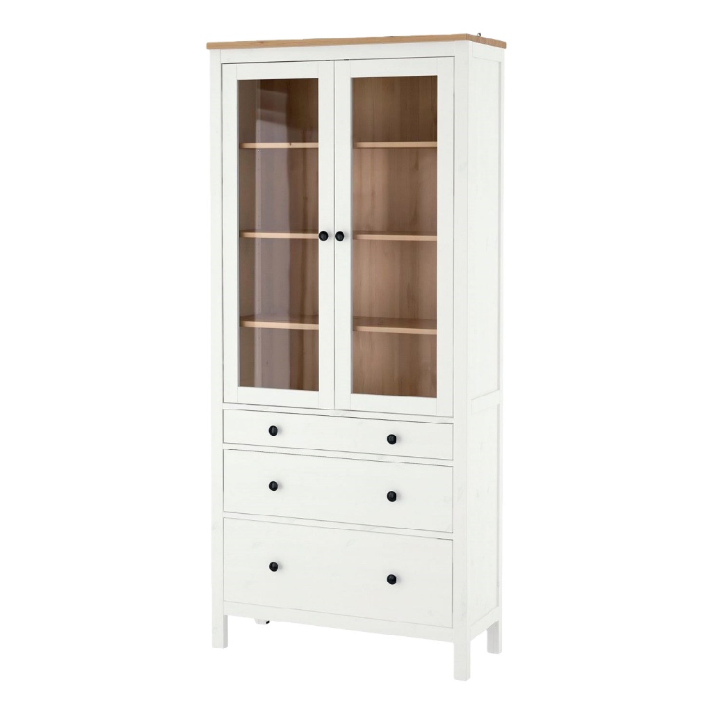 Vitrine haute blanche avec portes vitrées et 3 tiroirs — style scandinave / campagne chic