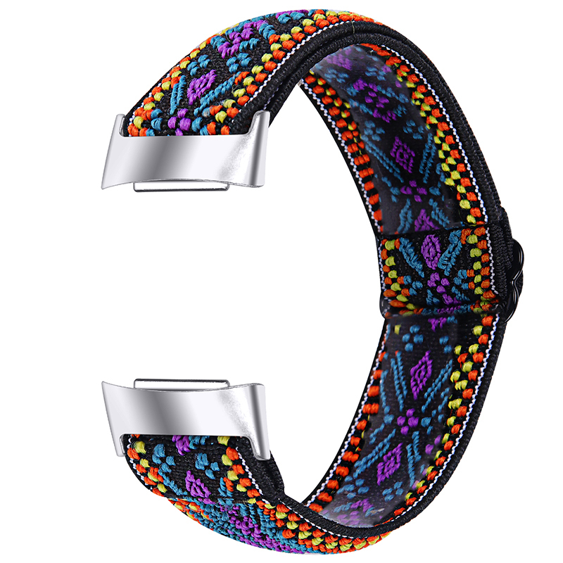 Fitbit Charge 6 / 5 Elastisches Nylon Gummi Armband (Gelenkumfang: 170-250mm) - Schwarz / Lila / Blau