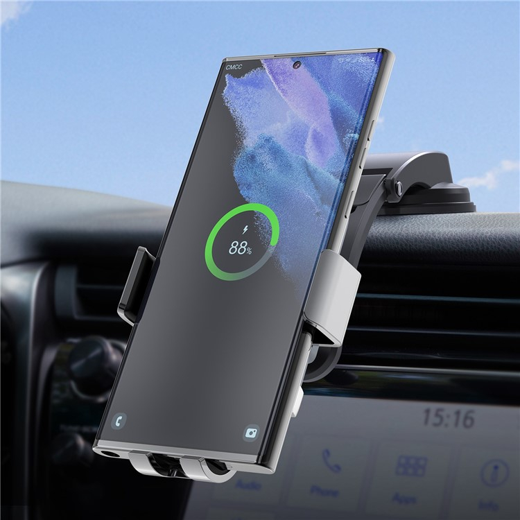 (15W) Universal Qi Wireless Charge Auto KFZ Handy Halterung Ladegerät mit Wärmeableitungsfunktion für Lüftungsgitter / Armaturenbrett - Silber / Schwarz