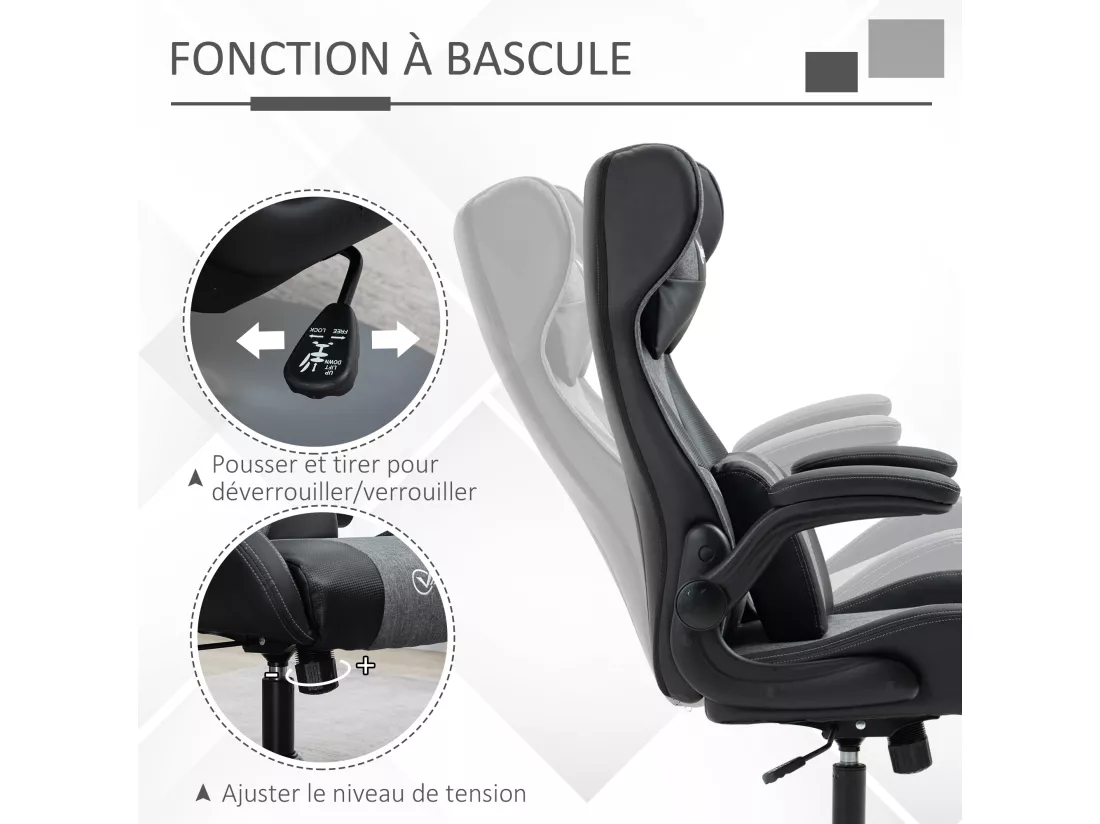 Fauteuil gaming base ronde métal pivotante 360° hauteur réglable tétière coussin lombaires accoudoirs relevables PU tissu gris noir