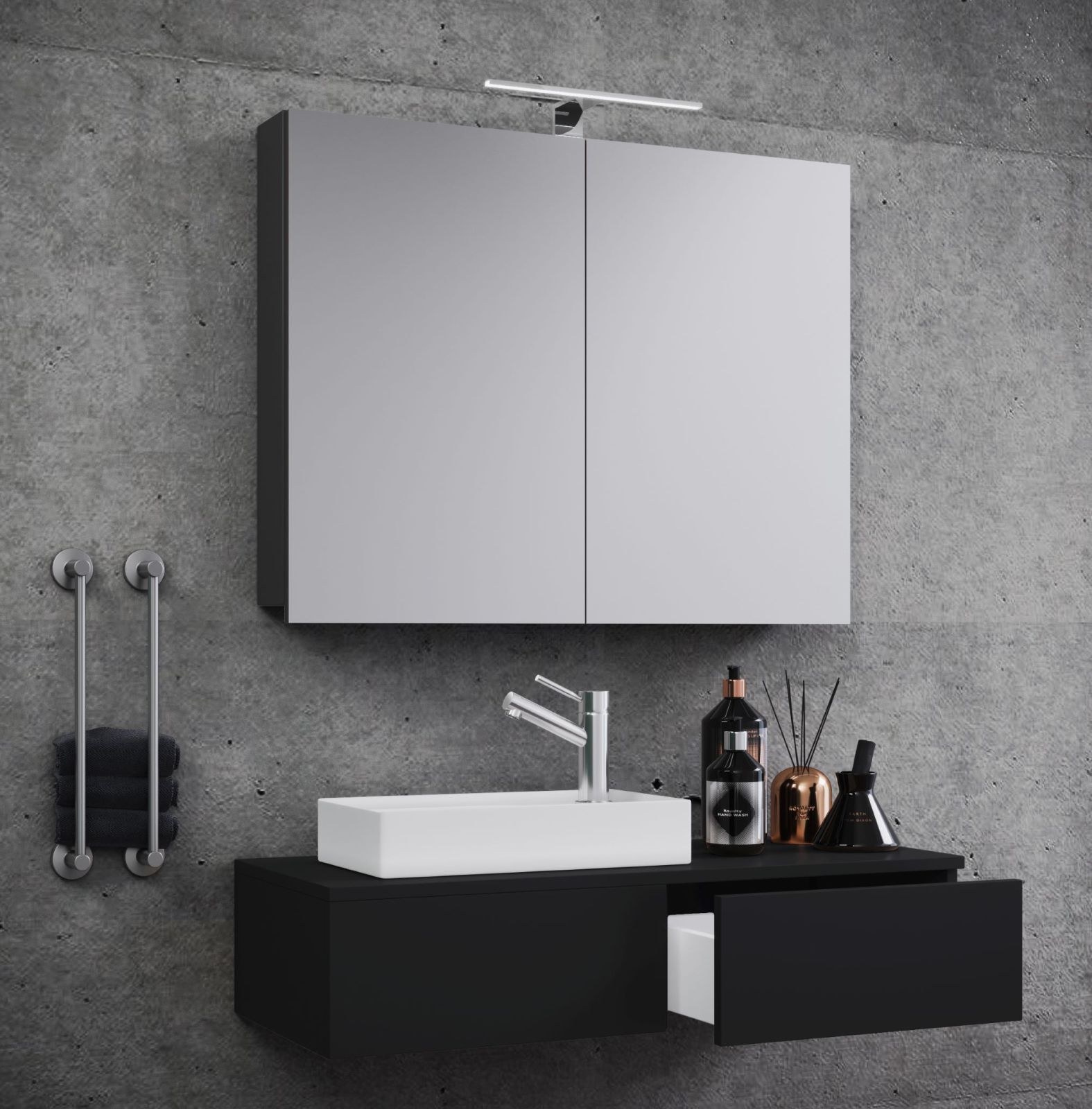 3-teiliges Badmöbel-Set GUDAS - schwarz - mit Spiegelschrank