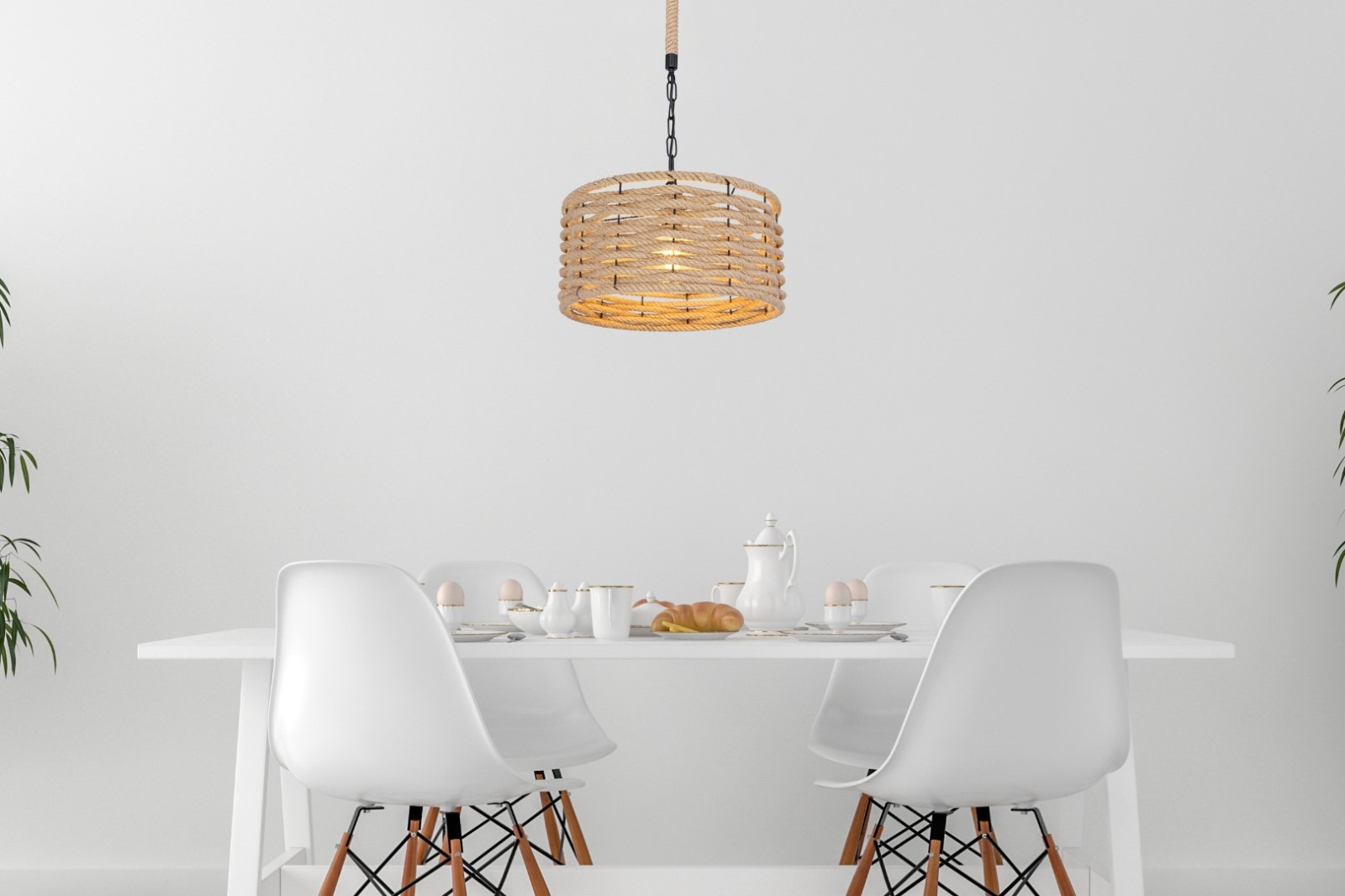 Pendelleuchte - schwarz matt - braun - Hanfseil - 156 cm