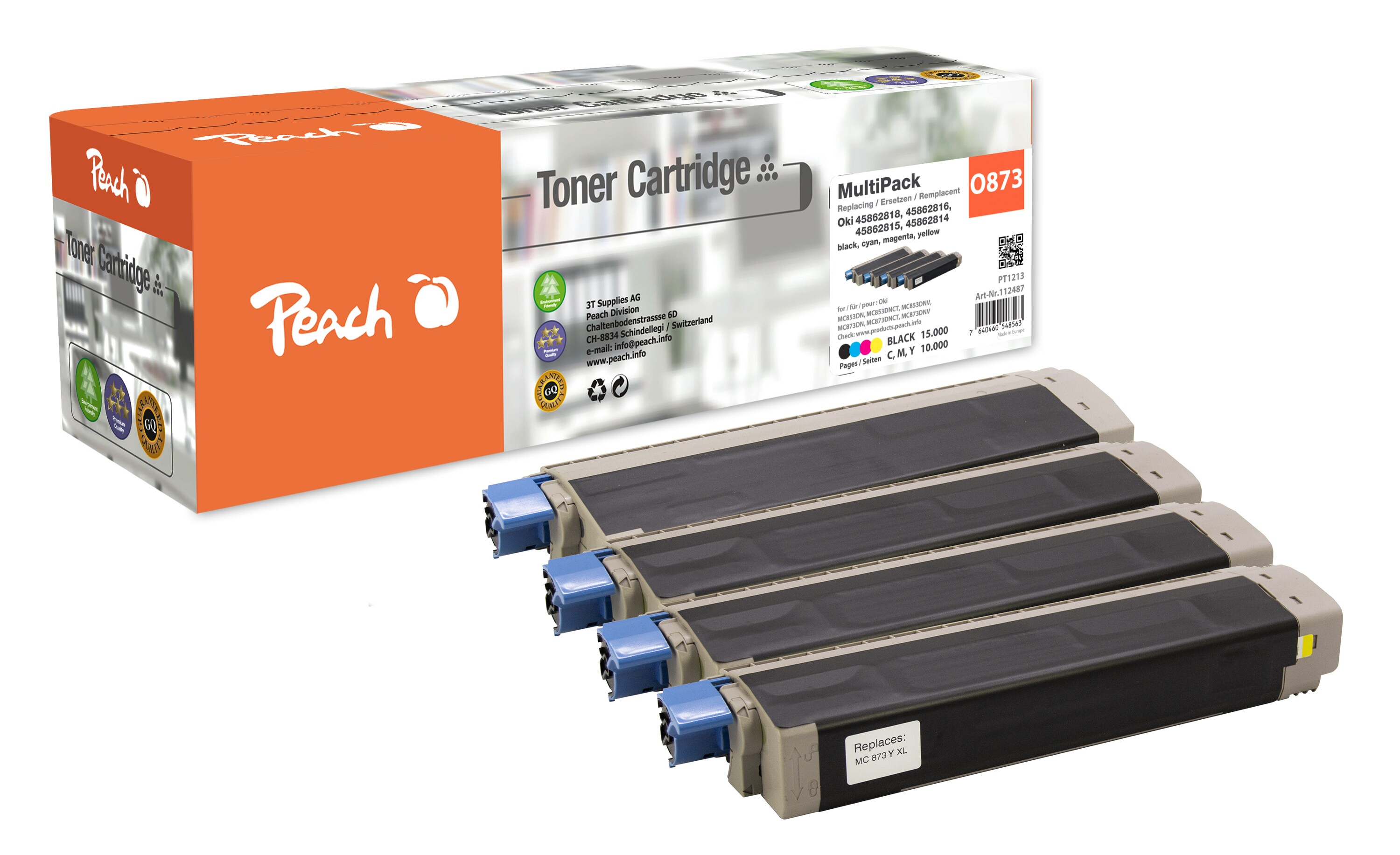 Peach O45864 Toner XL (bk, c/m/y) ersetzt OKI 45862818, 45862816, 45862815, 45862814 für z.B. OKI MC 870, OKI MC 873 dn, OKI MC 873 dnc (wiederaufbereitet)