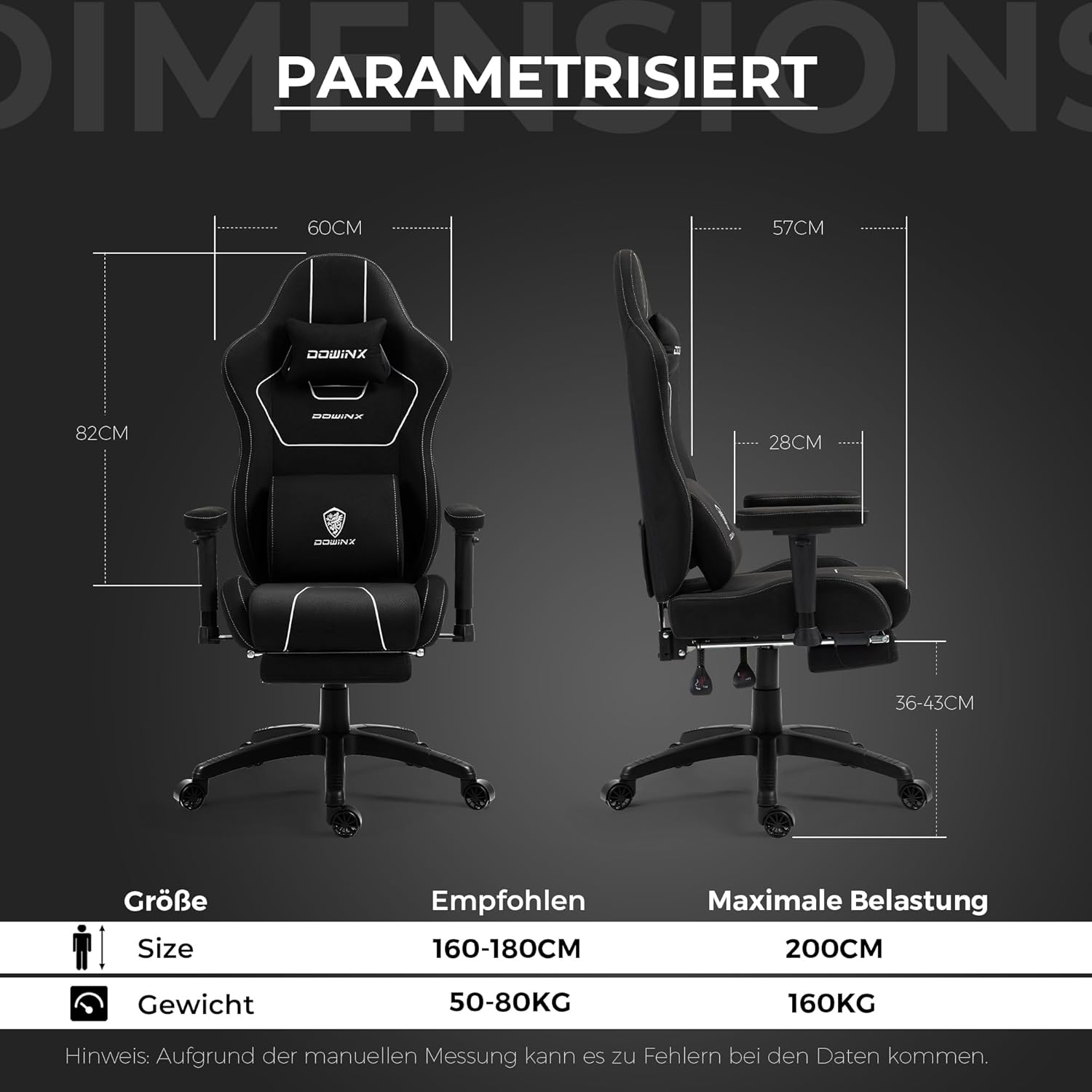 Dowinx Gaming Stuhl Stoff, ergonomischer Gamer Stuhl mit weich gepolsterten Komfort-Armlehnen, Stabiler Gaming Chair und Bürostuhl für langes Sitzen, Schwarz
