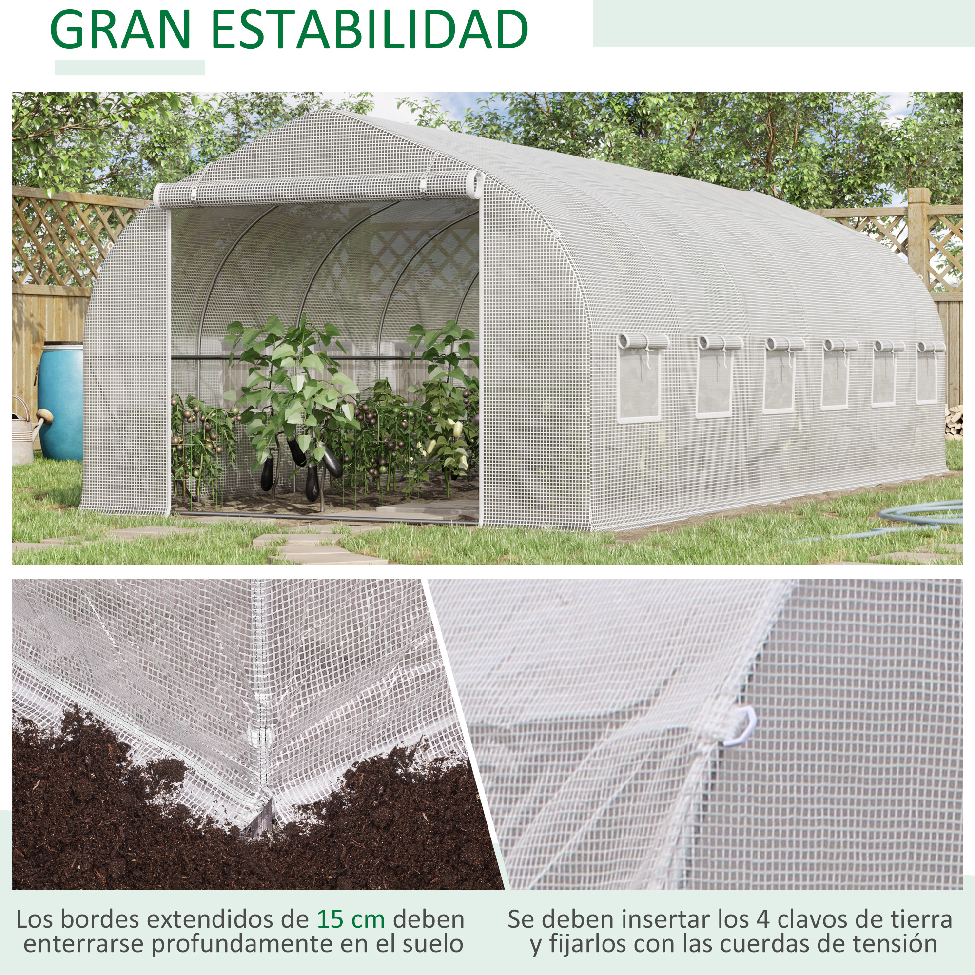 Estufa túnel Outsunny 6x3x2 m para jardim, com porta e 12 janelas de enrolar, feita de polietileno e aço galvanizado, ideal para hortas, plantas e flores. Cor branca.