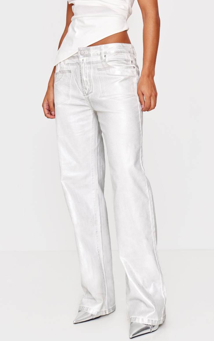 Blanc Jean Large Taille Basse À Effet Métallisé