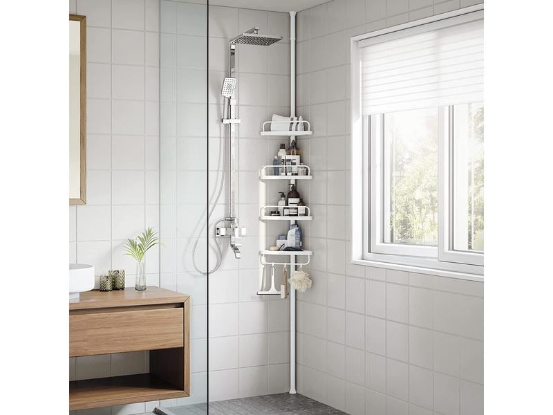 Songmics Duschmittelhalter mit Ablagen Weiss, Stahlrohr Duschregal höhenverstellbar