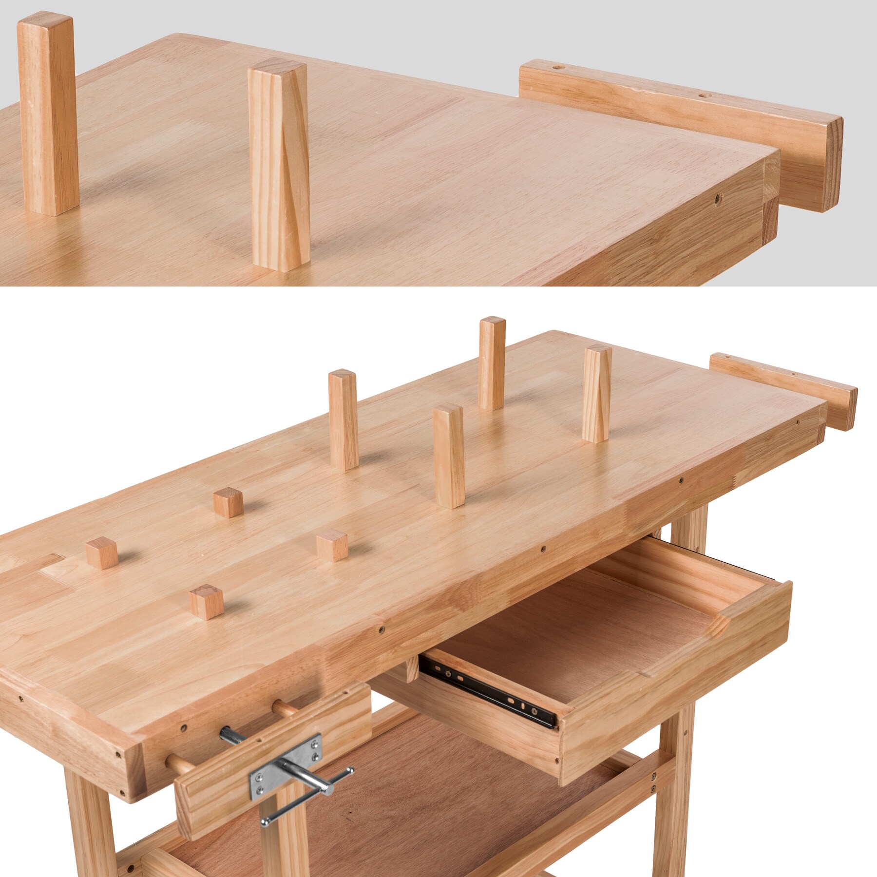 tectake® Holzwerkbank, mit 2 Schraubstöcken, 4 Stirnhölzer und 4 Bankhaken, 117 x 47,5 x 83 cm
