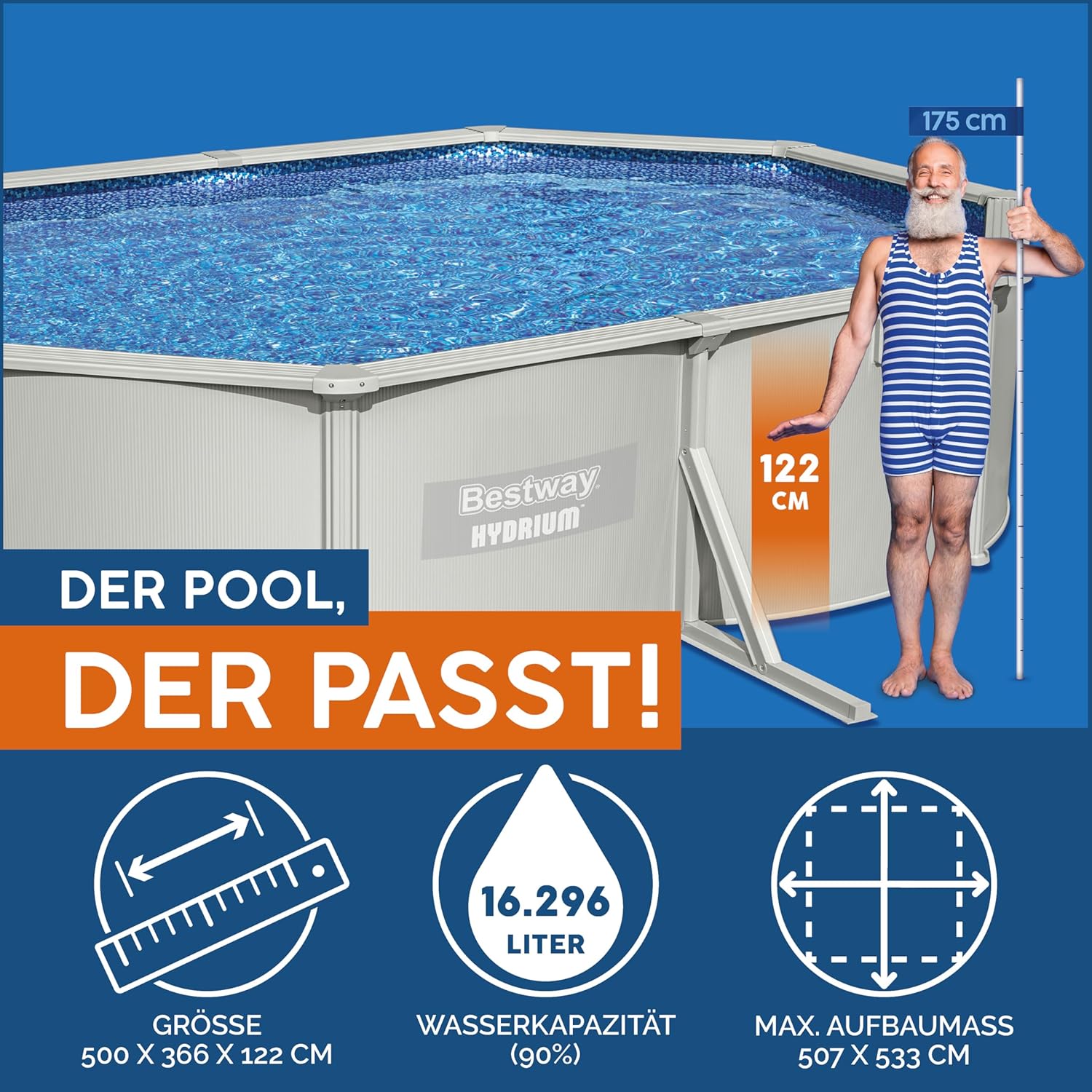 Bestway Hydrium Stahlwandpool Komplett-Set mit Sandfilteranlage 500 x 360 x 120 cm, grau, rund