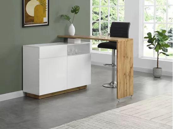 Meuble de bar pivotant avec 2 portes, 1 tiroir et 1 niche en MDF - Blanc laqué et Naturel - ELDIR