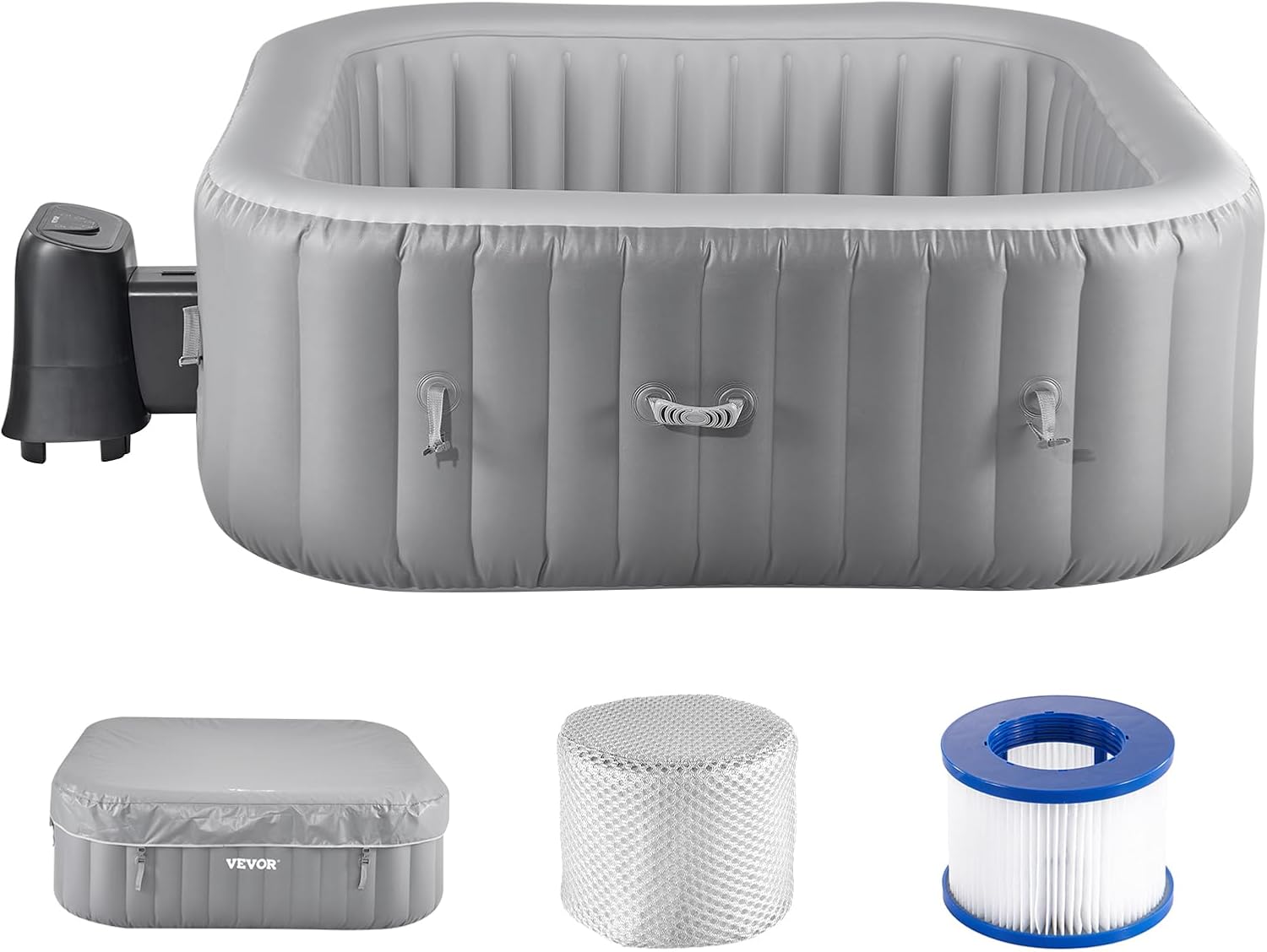 VEVOR aufblasbare Badewanne für 4 bis 6 Personen (185 x 66 cm), quadratisch & tragbar, mit 130 wohltuenden Düsen & Filter & Abdeckung & Matte & multifunktionalem Bedienfeld, PVC Spa-Pool Outdoor