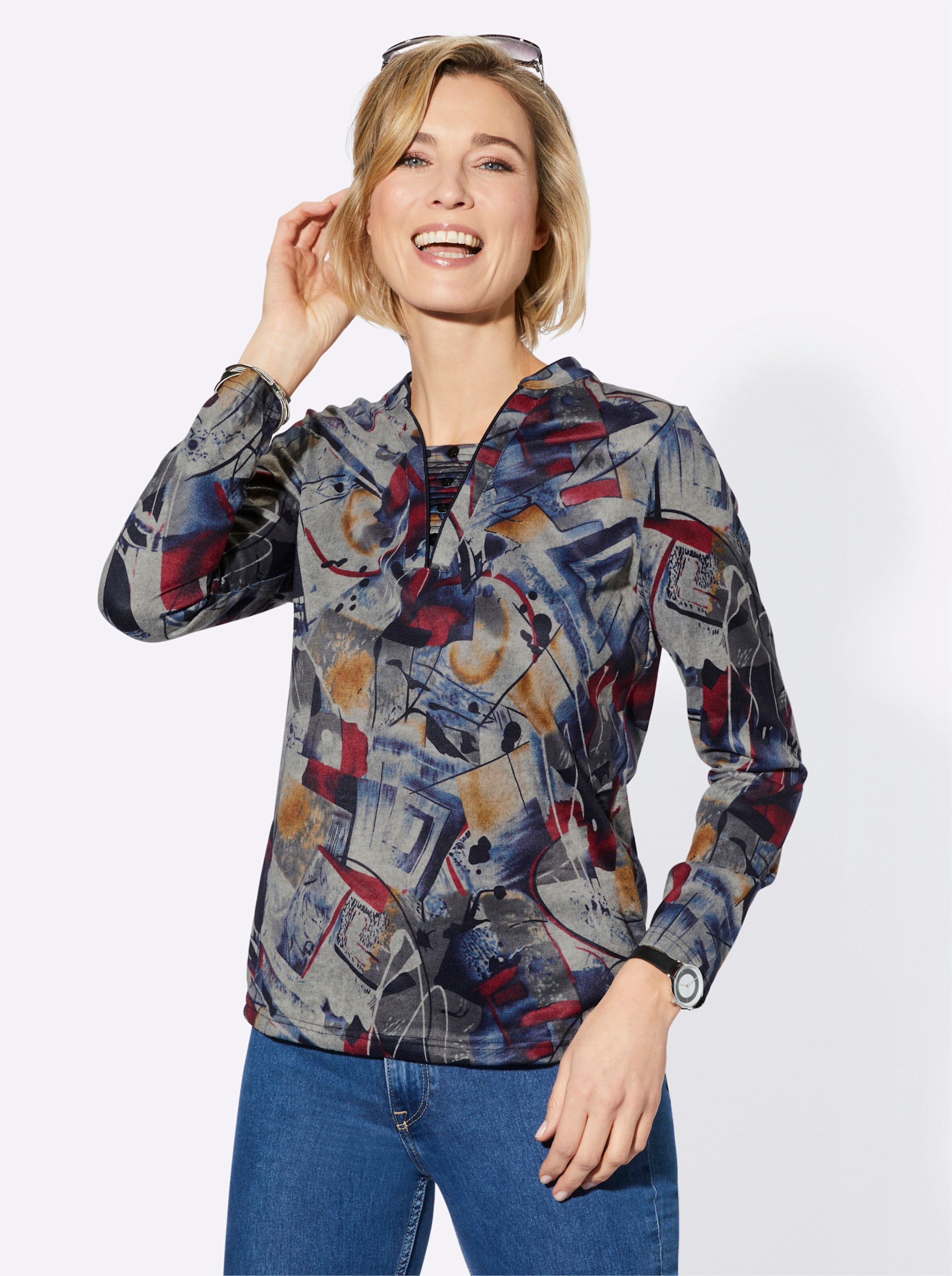 2-in-1-Shirt in hellgrau-jeansblau-bedruckt