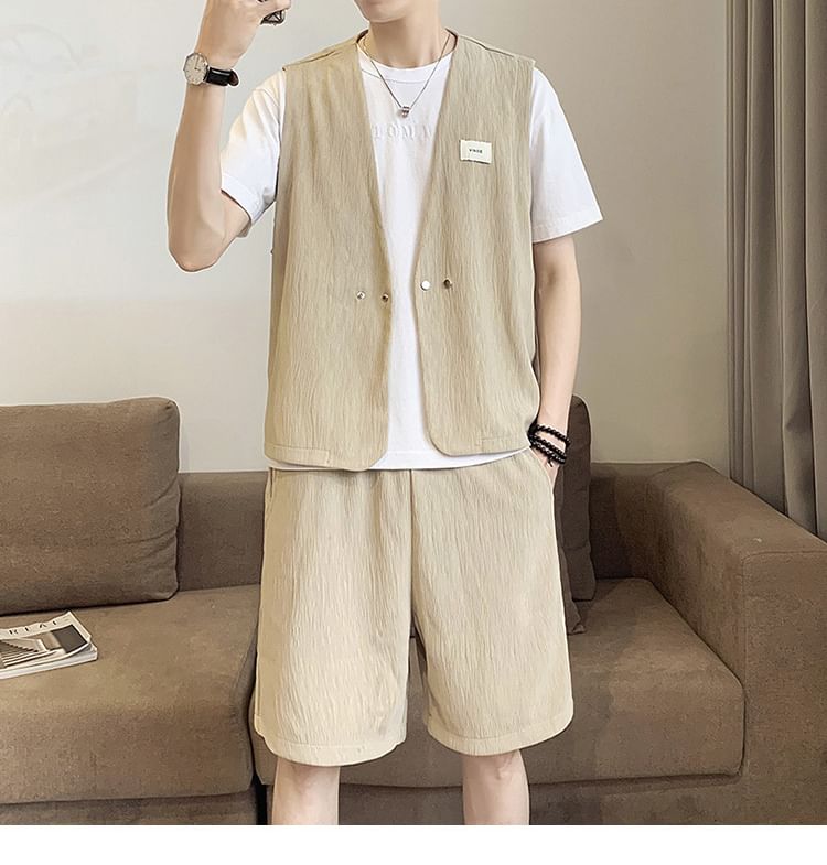 Cowpow - Set: V-hals effen dubbelrijs vest + shorts met trekkoord in de taille