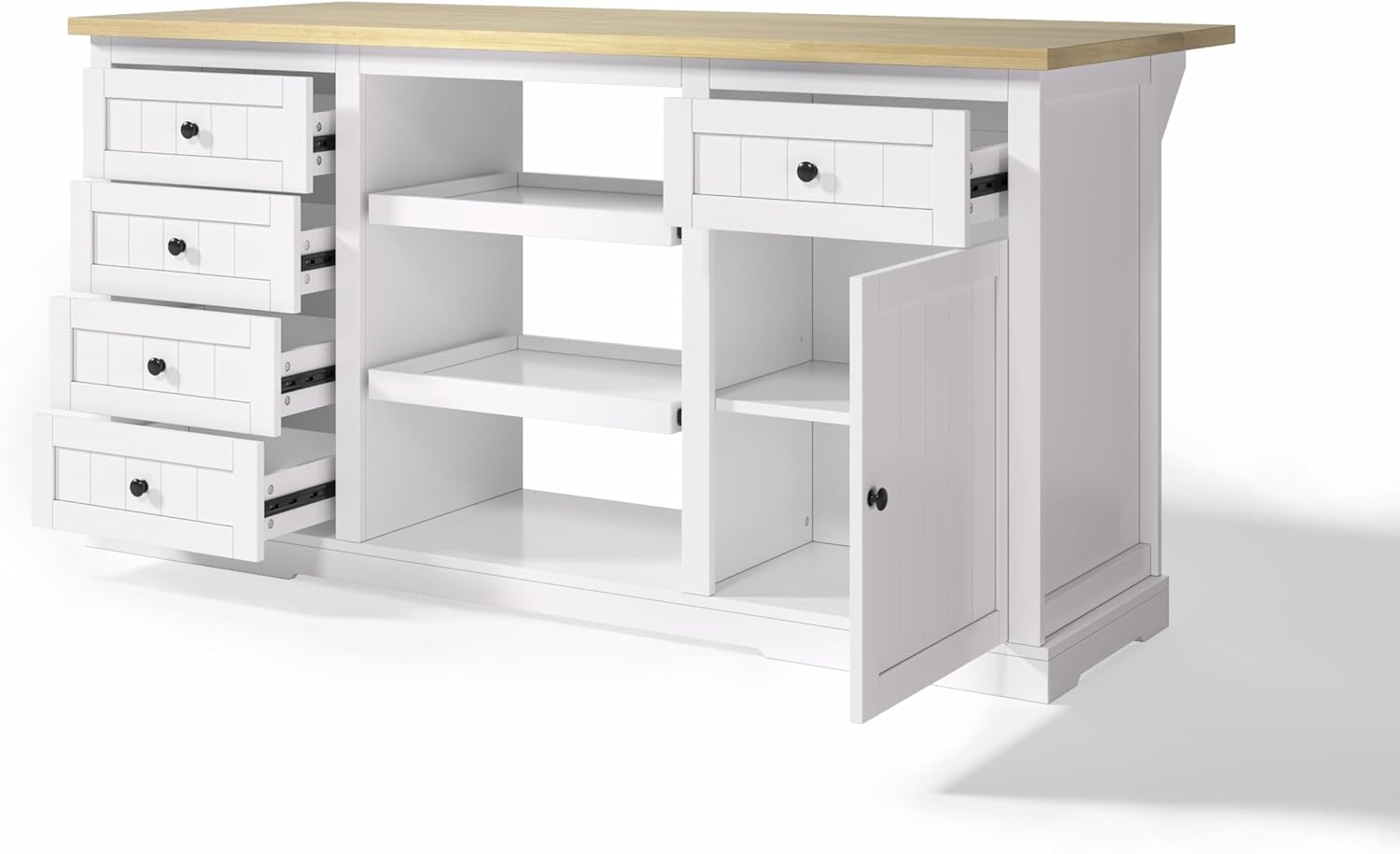 Buffet‑Sideboard/Bar‑Schrank/Kücheninsel–5 Schubladen, 2 Ausziehböden–Klappbare Erweiterungsplatte & Integrierte Steckdosen für Küche, Esszimmer&Wohnzimmer 150×65×75cm (Weiß)