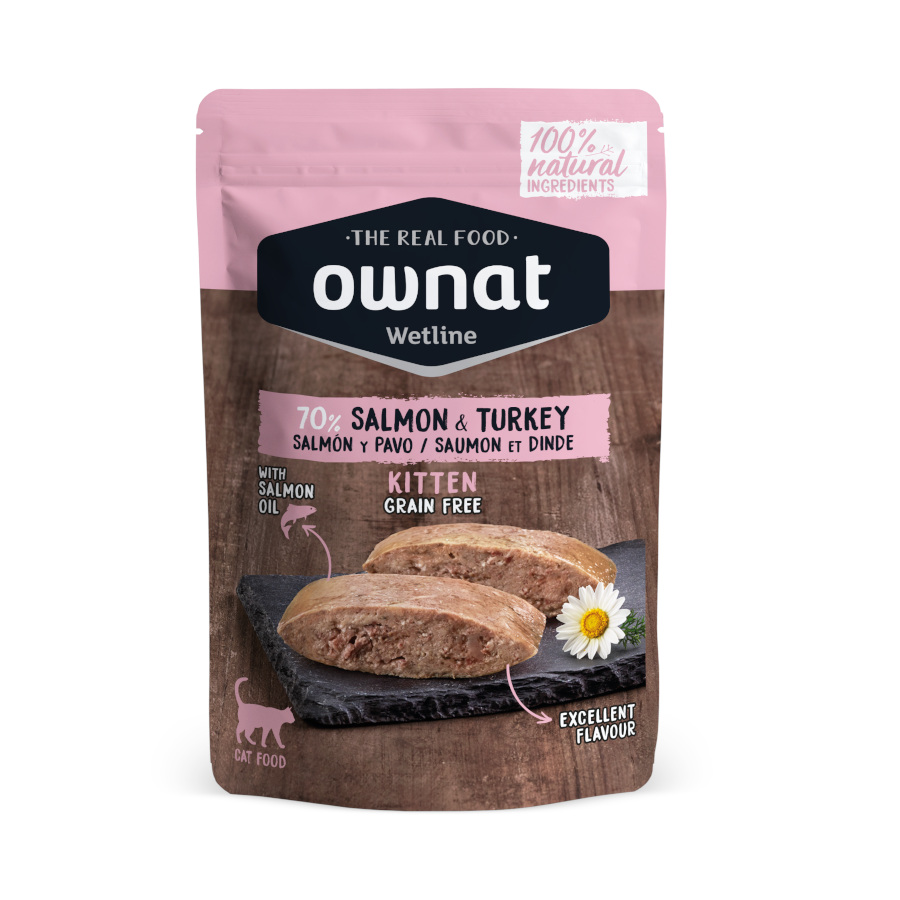 Pote Ownat Wetline para gatinhos, sabor salmão e peru.