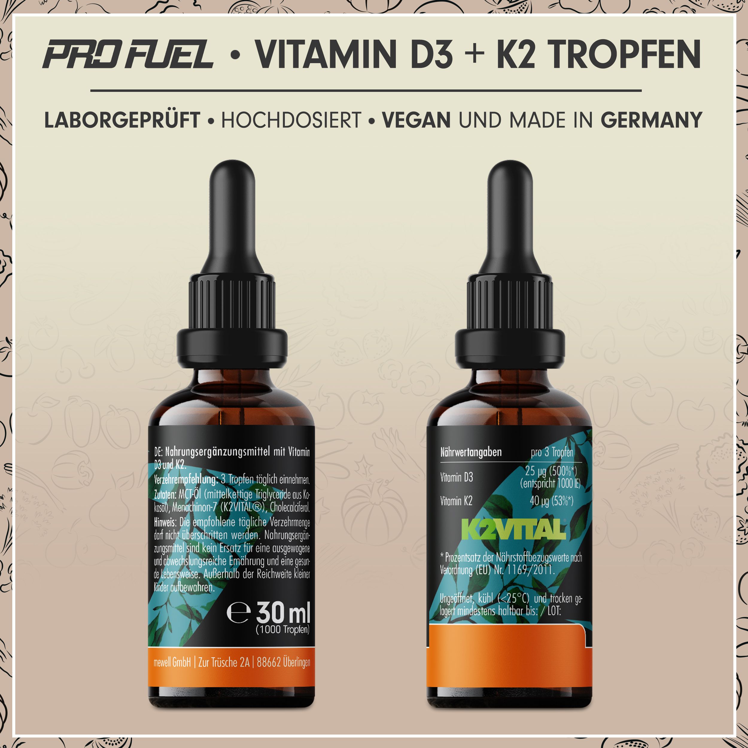 ProFuel - VITAMIN D3 + K2 VEGAN Tropfen - 1.000 IE Vitamin D3 + 40 mcg Vitamin K2 MK-7 (K2VITAL®)