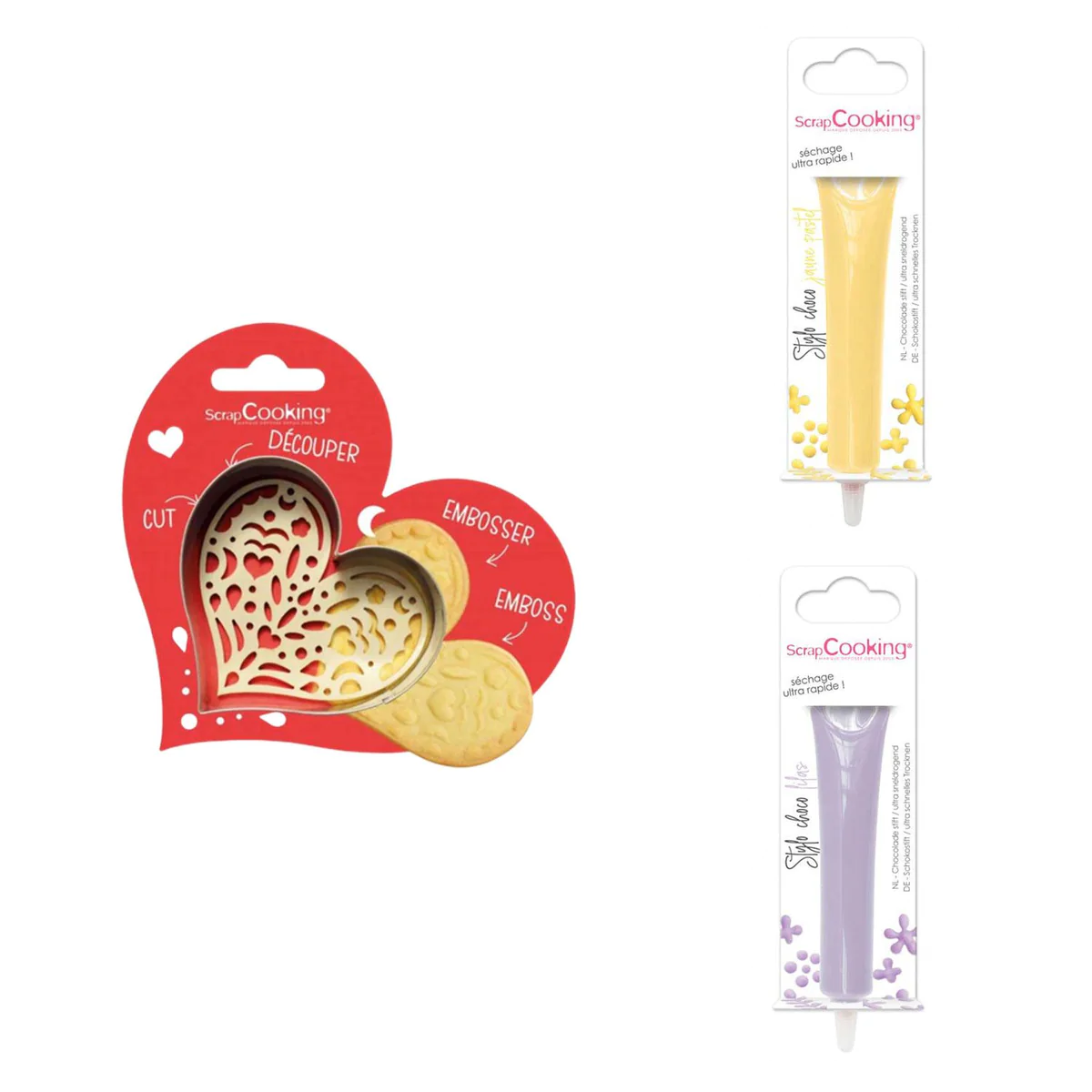 Kit pour biscuit en relief Coeur + 2 Stylos au chocolat jaune pastel e