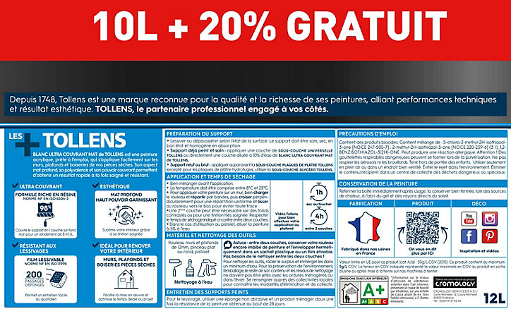 Peinture Tollens ultra couvrant murs, plafonds et boiseries mat blanc 10L+20% gratuit