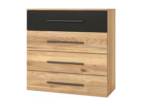 Chambre à coucher design collection EOS : Armoire, Lit 160x200, commode, chevets. Couleur chêne clair et noir