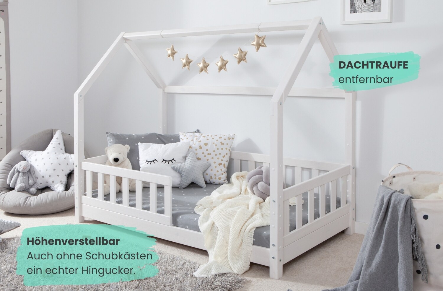TiCAA Kinderbett Hausbett Montessori Kay 90x200, 100x200 cm, 120x200 cm, 140x200 für Jungen & Mädchen mitSchubladen, Rausfallschutz & Rolllattenrost - aus Kiefer Massivholz für Kinderzimmer