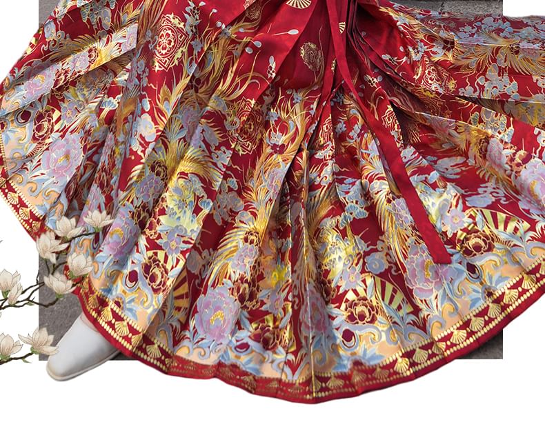 Fioridi - Hanfu-top met korte mouwen en bloemenborduursel / Maxi-A-lijn rok met hoge taille en plooien van jacquard / Ketting met imitatieparels