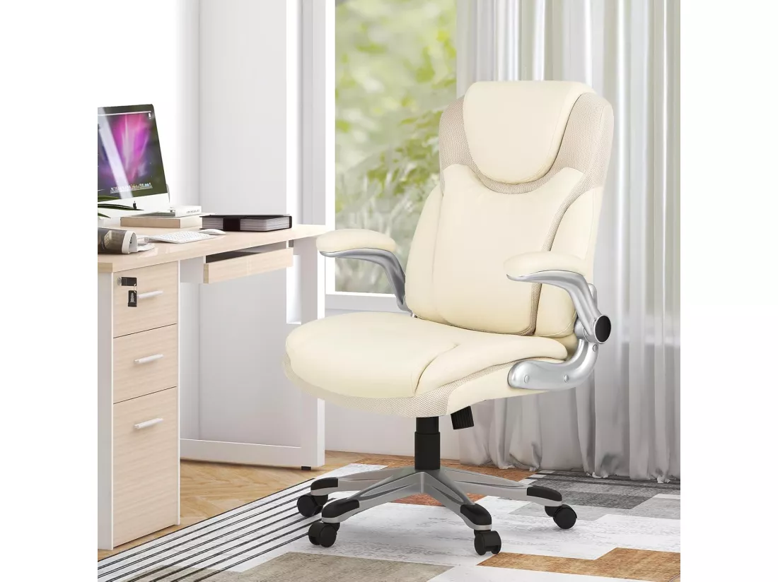 Fauteuil de Bureau Ergonomique, Chaise de Bureau en Cuir PU, à Bascule, Hauteur Réglable, Fauteuil de Gamer, Chaise de Travail Pivotant, Charge Maximale 160 kg, Blanc