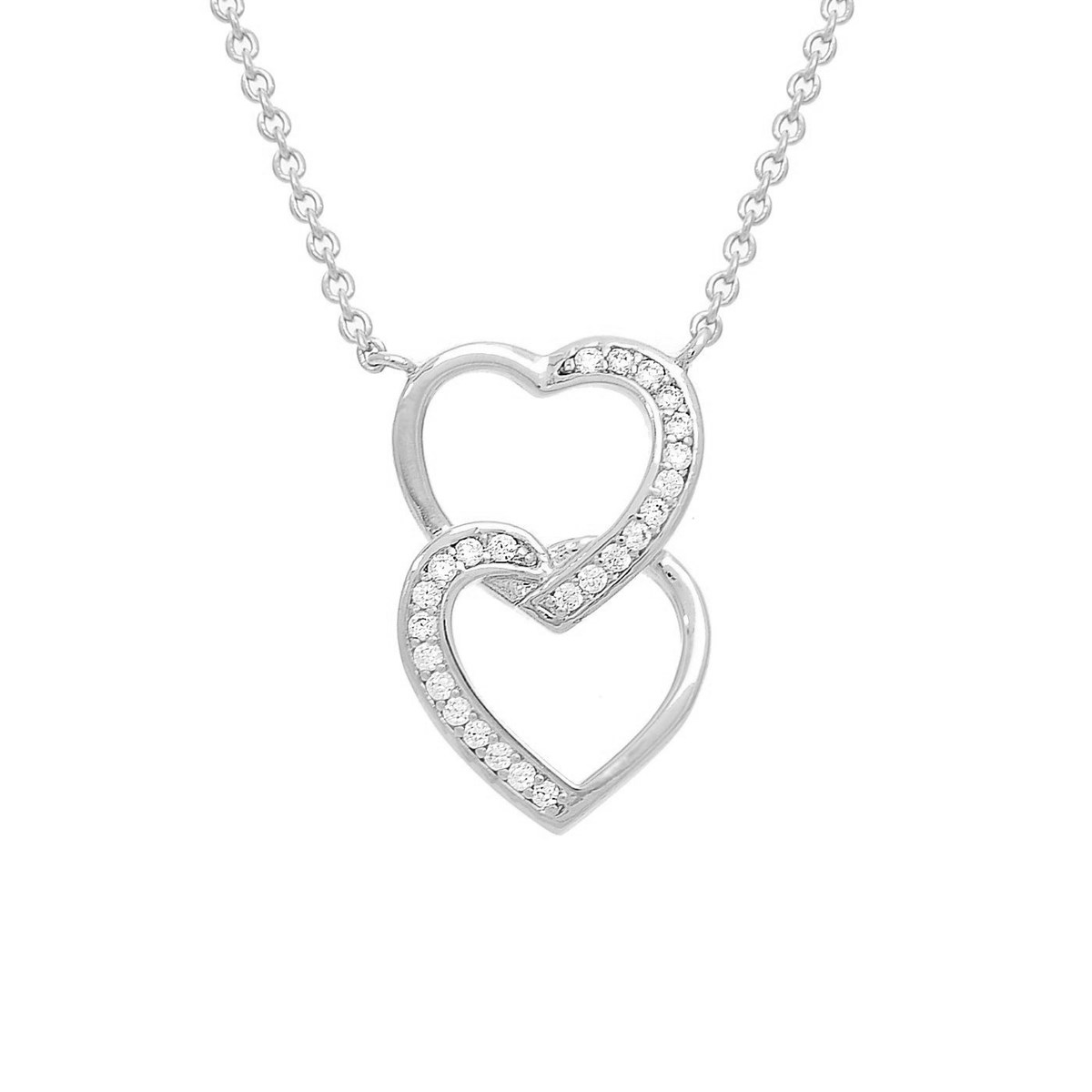 Collier 2 coeurs superposés sertis d'oxyde de zirconium Argent 925 Rhodié